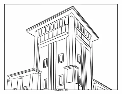 Coloriage de ville pour enfants : Un immeuble-tour aux grandes fenêtres et nombreux étages se détache sur un ciel clair