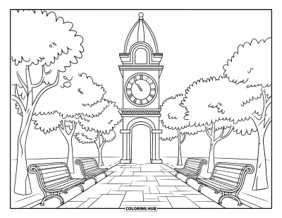 Coloriage de ville pour enfants : Une place de village avec un clocher, des bancs, des arbres touffus et des chemins pavés