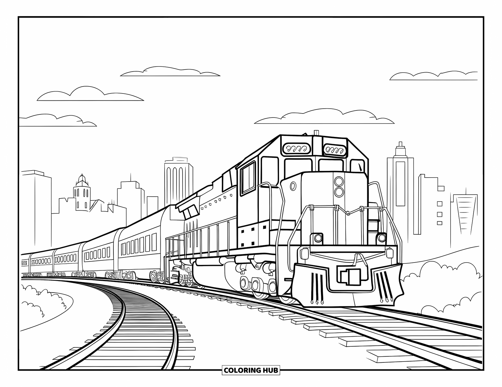 City Coloring Page for Kids: A train with several cars curves around a hill with a city skyline behind it