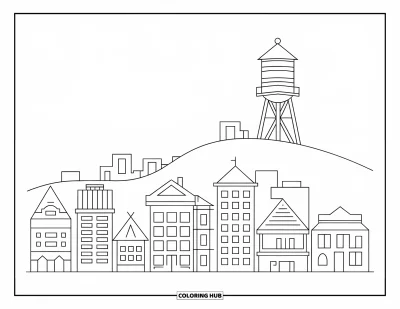 Coloriage de ville pour enfants : Un château d'eau domine les toits dans une skyline aux bâtiments variés