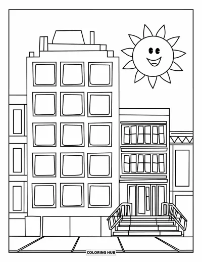 Coloriage de ville pour enfants : Un immeuble d'appartements avec un escalier et une porte se dresse sous un soleil radieux