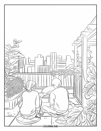 Coloriage de ville pour enfants : Des adolescents se détendent sur un toit clôturé avec des plantes en pot et une vue sur les immeubles