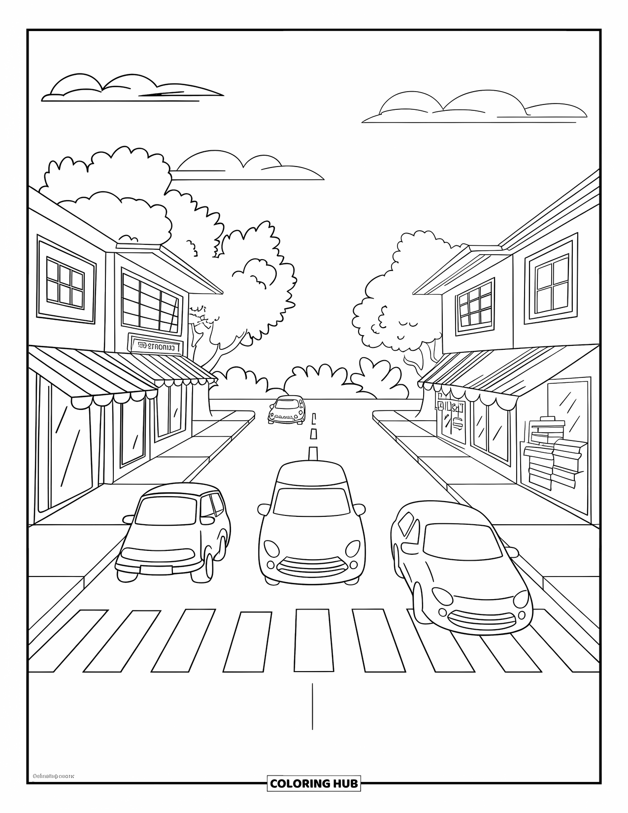City Coloring Page for Kids: Three cars drive past stores and a crosswalk on a lively city street