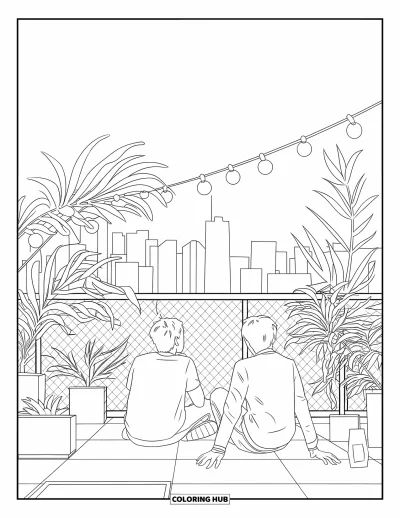 Coloriage de ville pour enfants : Deux adolescents assis sur un toit-terrasse entouré de plantes et d'une skyline urbaine