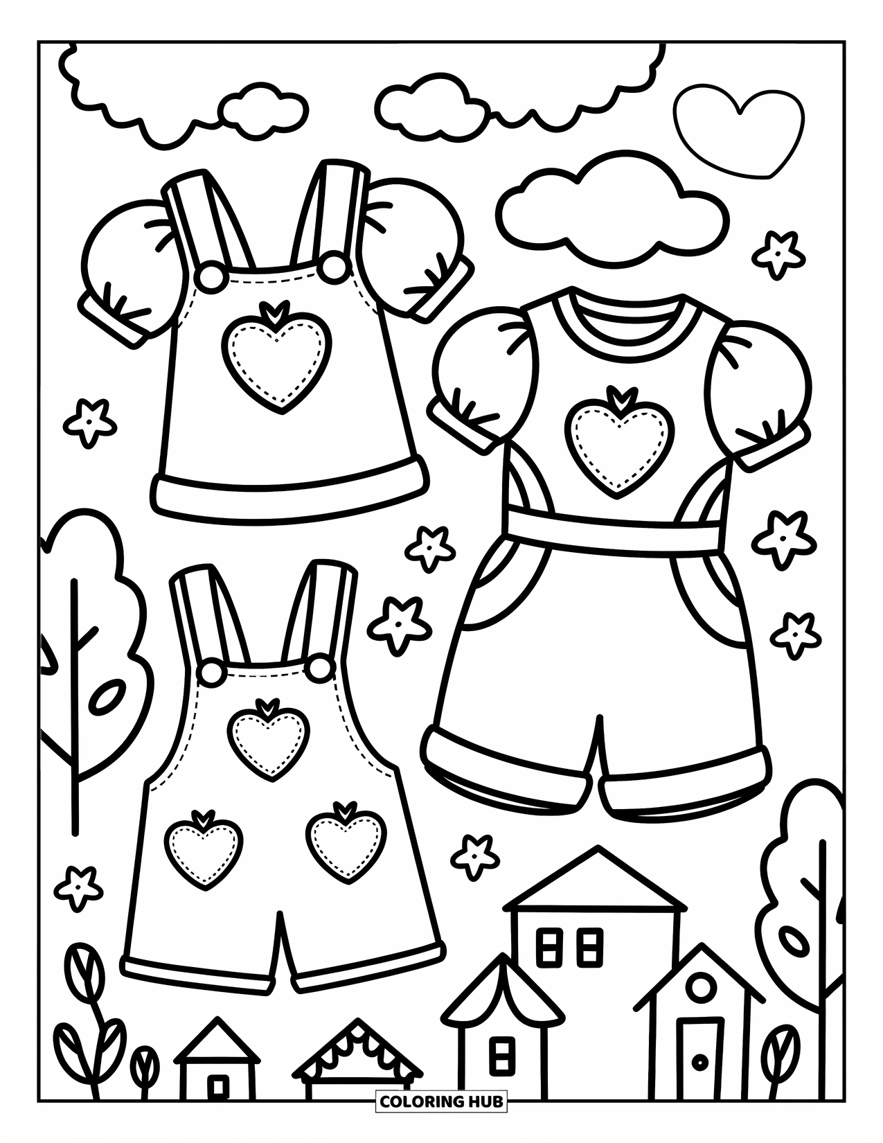 Clothes Coloring Page for Adults: Adorable overall outfits with sweet fruit and bow touches