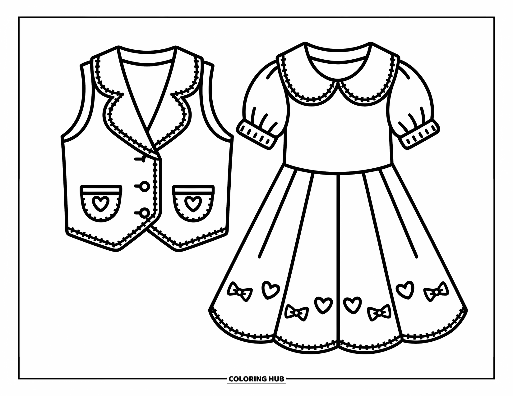 Clothes Coloring Page for Adults: Adorable school outfit with stitched hearts and playful little doodles
