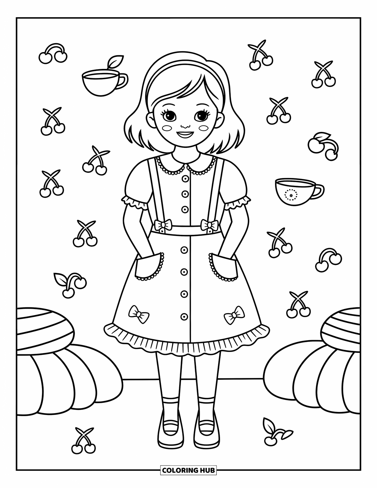 Clothes Coloring Page for Adults: Blouse and suspender skirt with bows, buttons, and a cozy setting