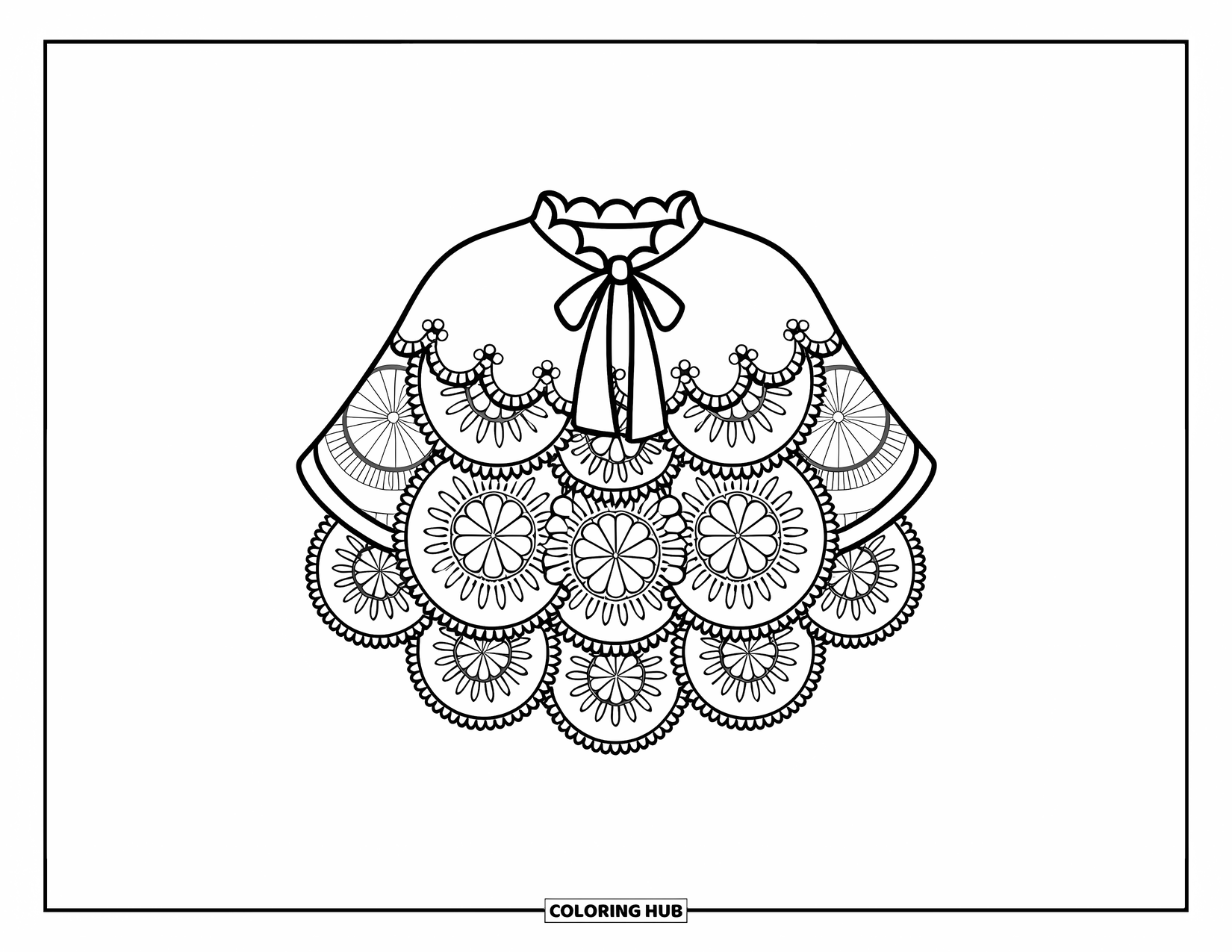 Clothes Coloring Page for Adults: Blouse with bow neck framed by floral mandalas