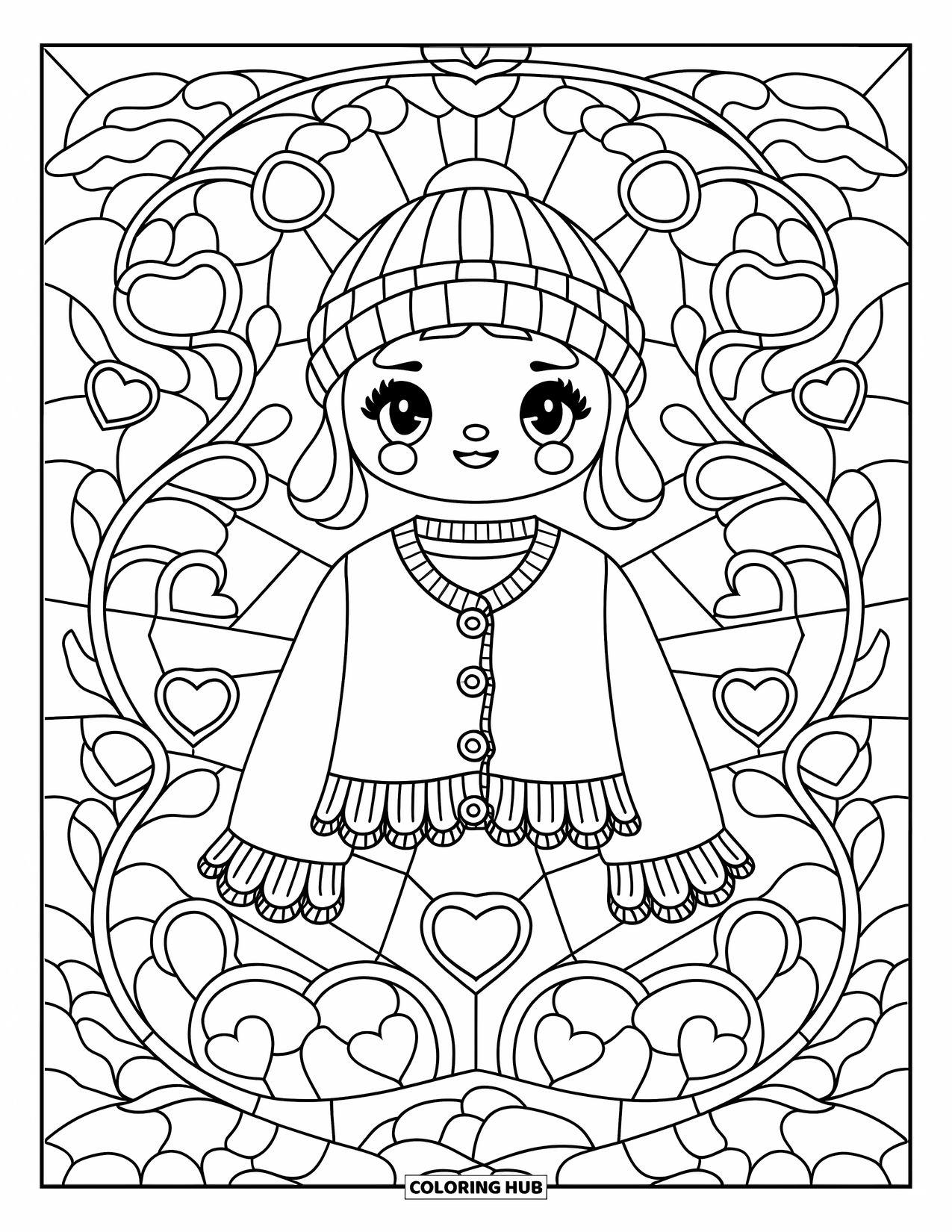 Clothes Coloring Page for Adults: Cardigan with a face and heart vines in stained glass