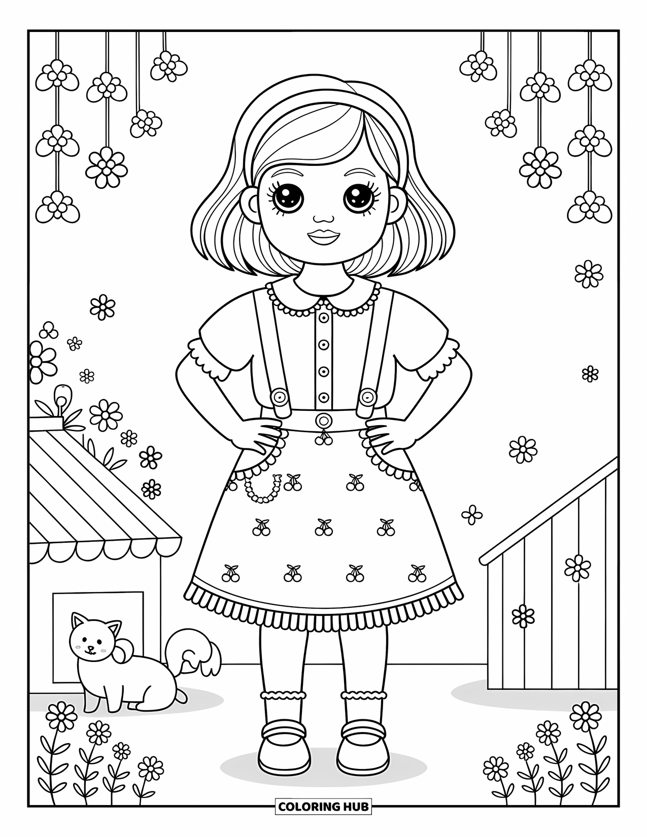 Clothes Coloring Page for Adults: Charming outfit with cherries, bows, and playful little garden friends