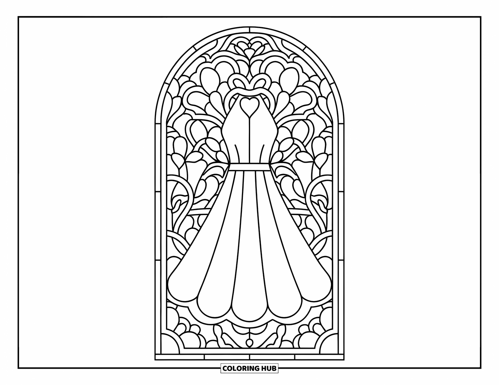Clothes Coloring Page for Adults: Cute halter dress framed by intricate floral stained glass