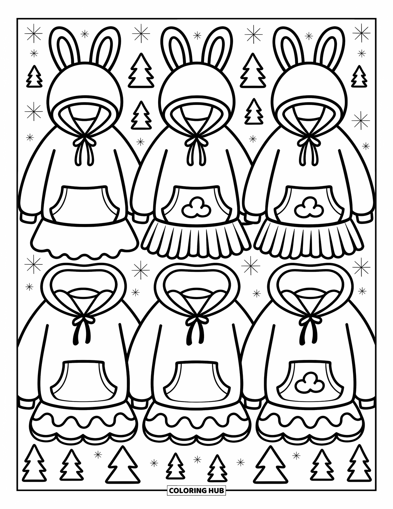 Clothes Coloring Page for Adults: Cute hoodies and flared skirts with animal ears and playful appliques