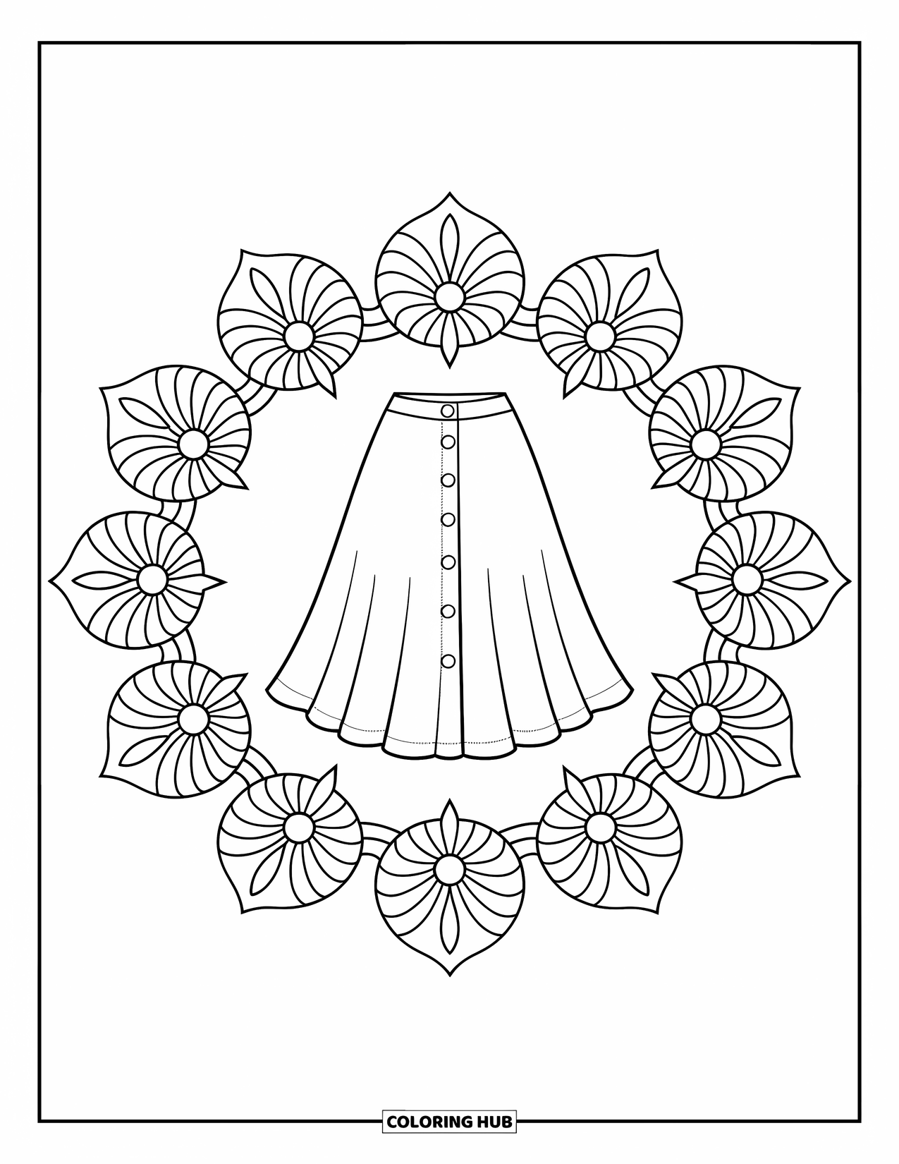 Clothes Coloring Page for Adults: Flared midi skirt with buttons and mandala floral frame
