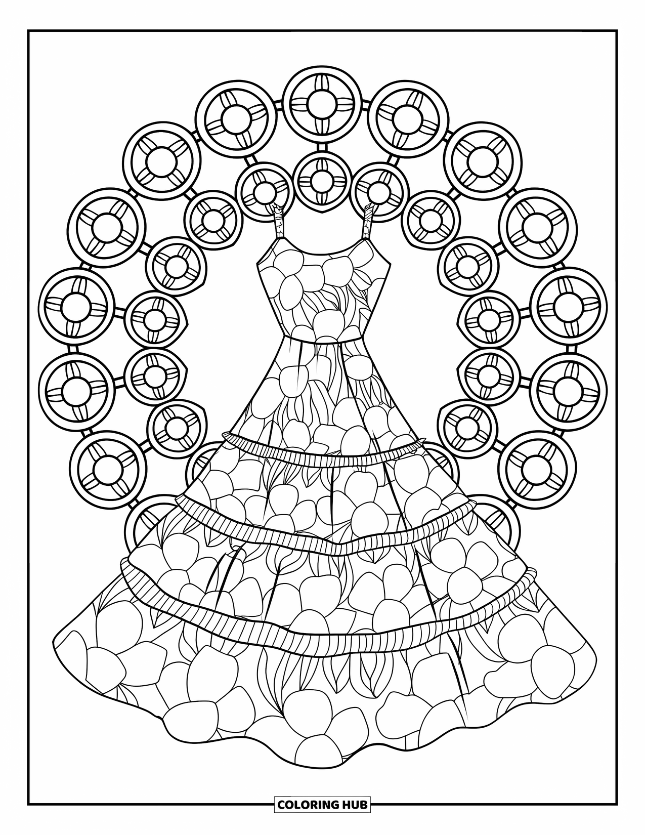 Clothes Coloring Page for Adults: Floral ruffle dress framed by mandalas of round flowers
