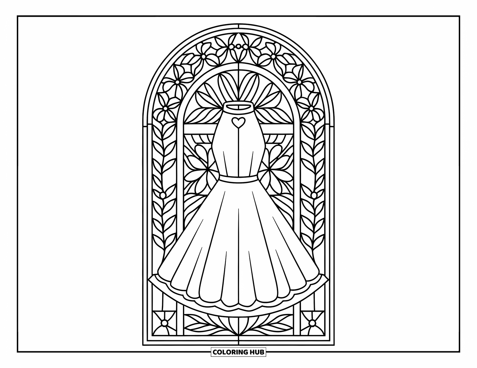Clothes Coloring Page for Adults: Halter dress with a heart neckline surrounded by floral stained glass