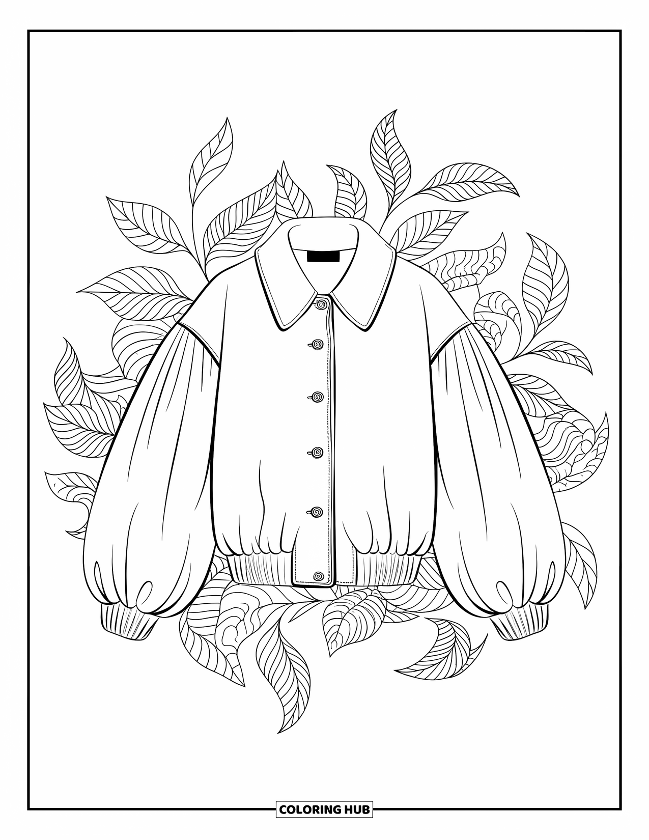 Clothes Coloring Page for Adults: Jacket with large sleeves surrounded by ornate swirling leaves