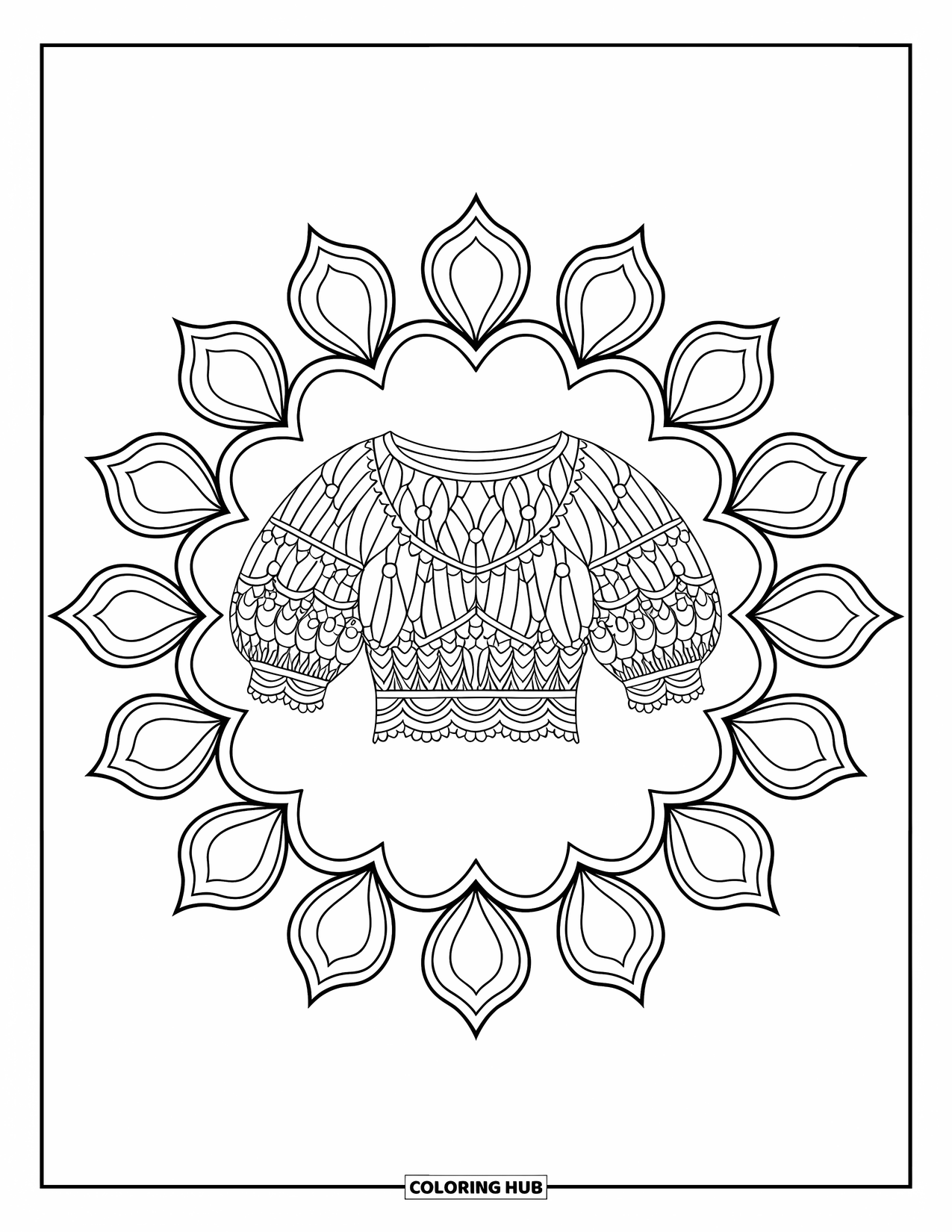 Clothes Coloring Page for Adults: Puff sleeve lace blouse surrounded by mandalas