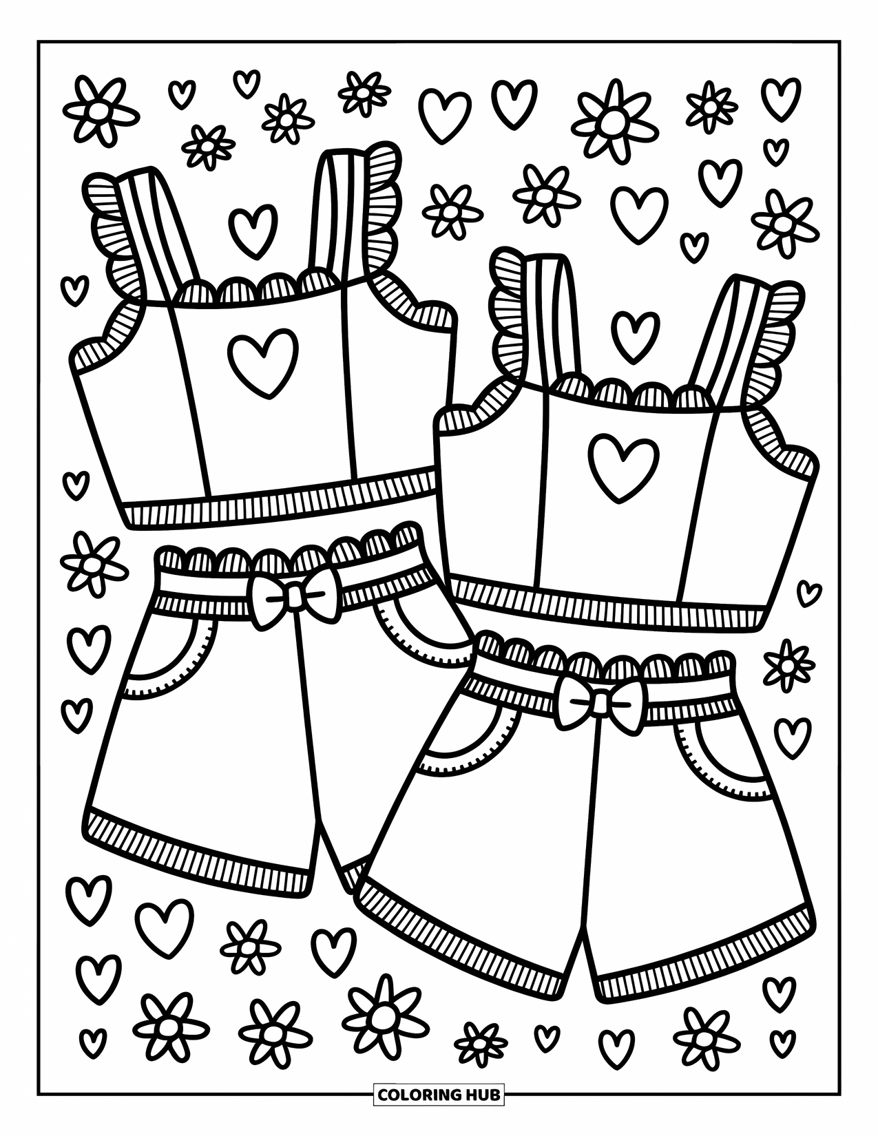 Clothes Coloring Page for Adults: Ruffled top and high-waisted shorts with heart cutouts and bow belts