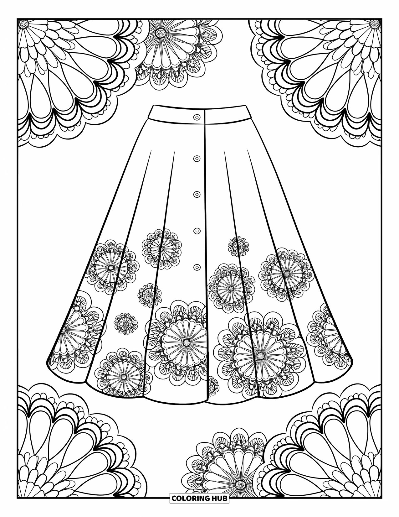 Clothes Coloring Page for Adults: Skirt with large mandala florals in a repeated pattern