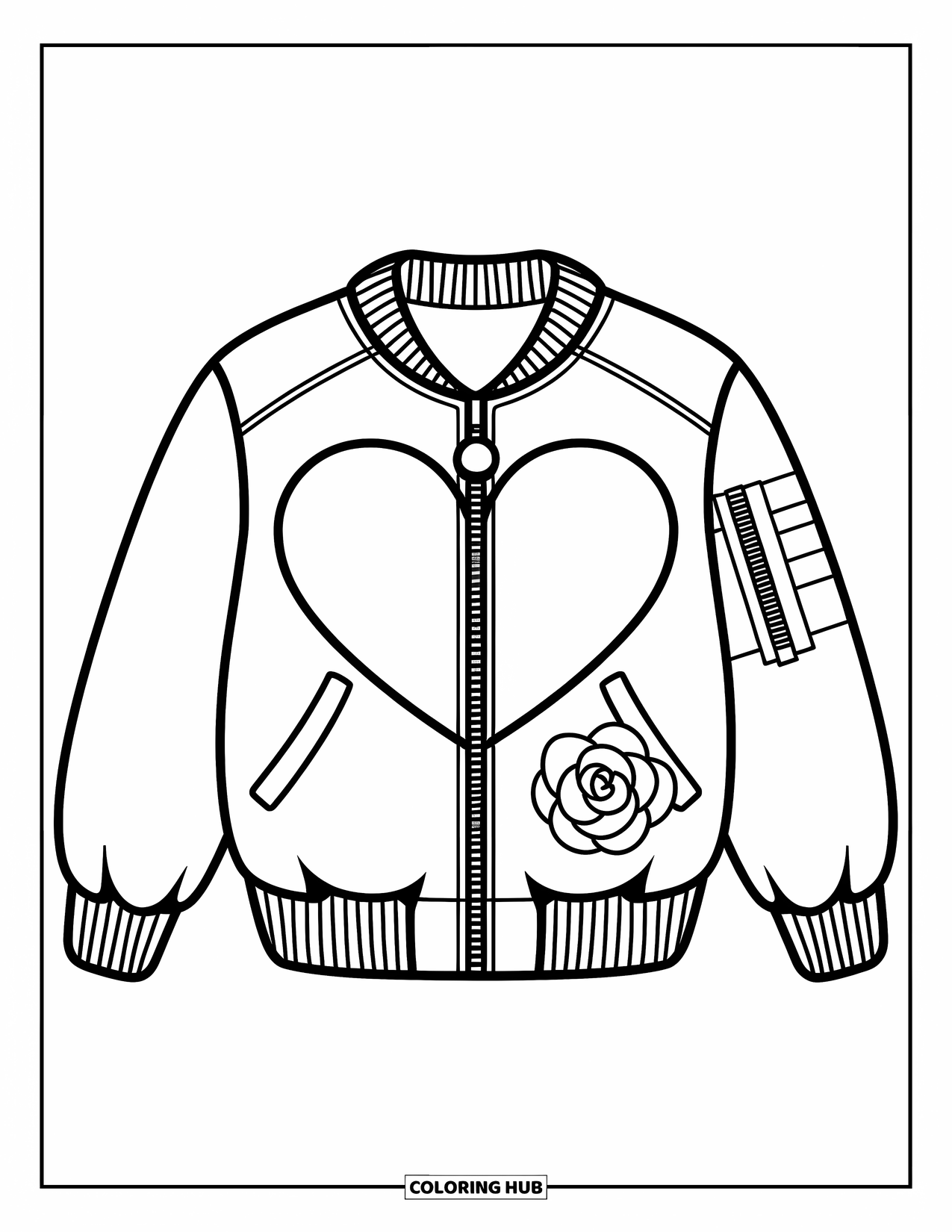 Clothes Coloring Page for Kids: Bomber jacket with heart and rose on the front