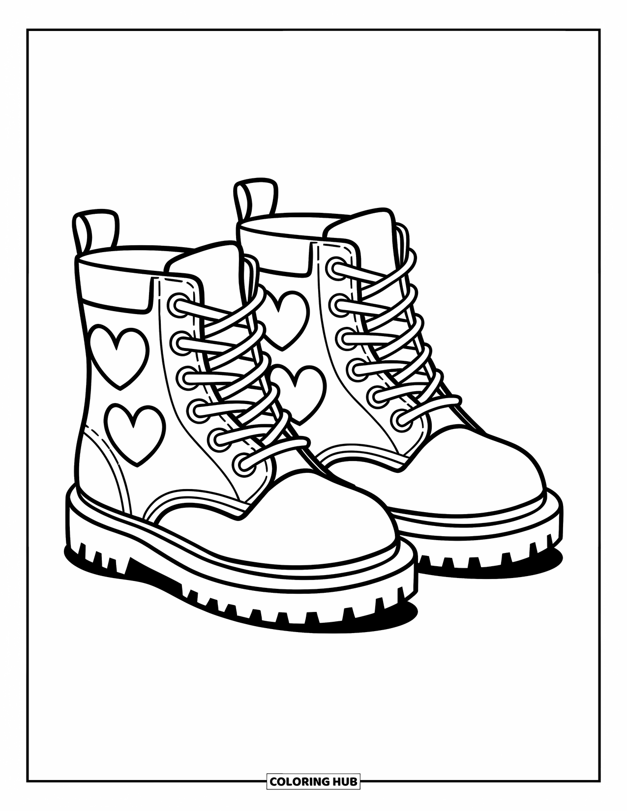 Clothes Coloring Page for Kids: Boots with bold seams and cute heart details