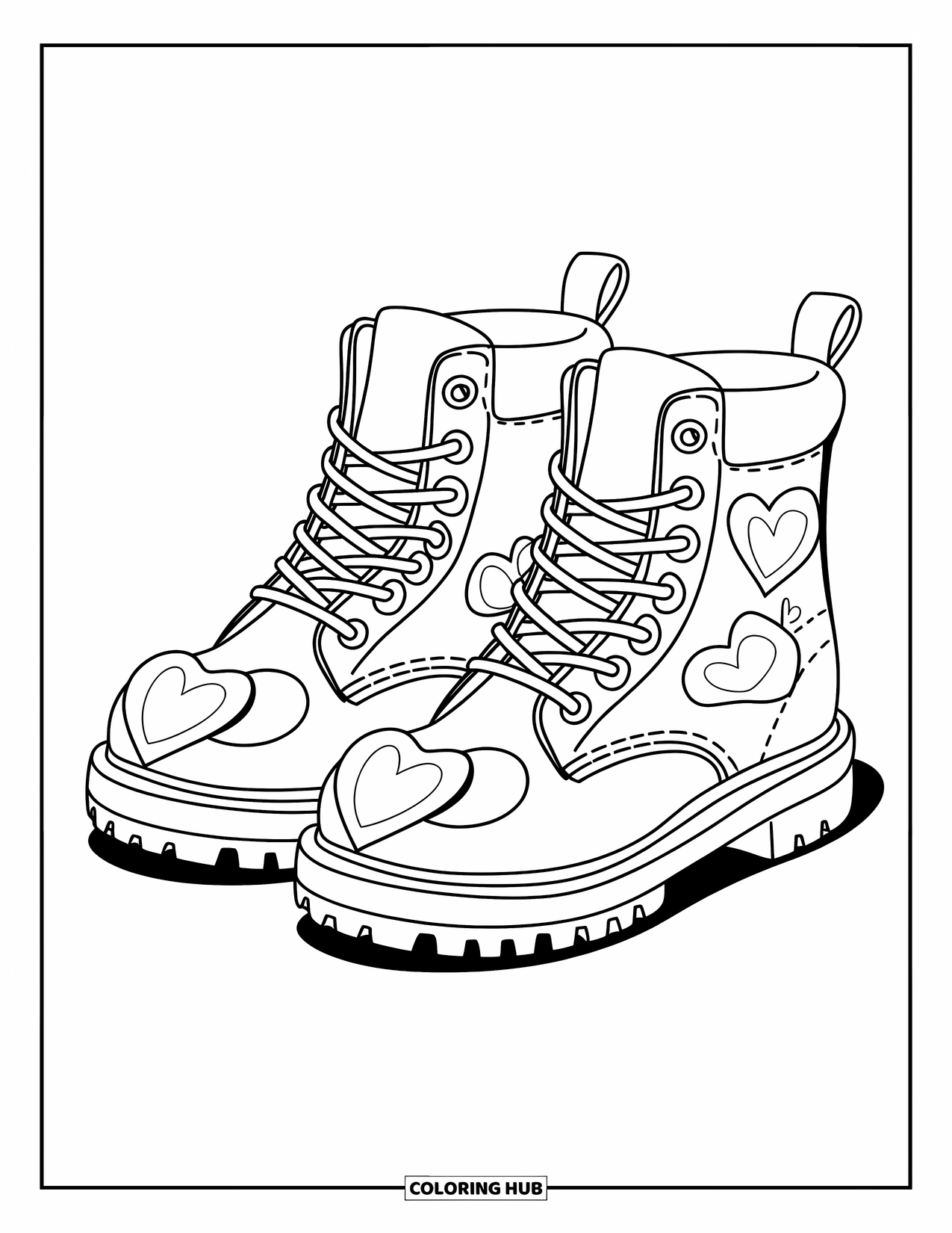 Clothes Coloring Page for Kids: Boots with playful hearts around ankles and soles