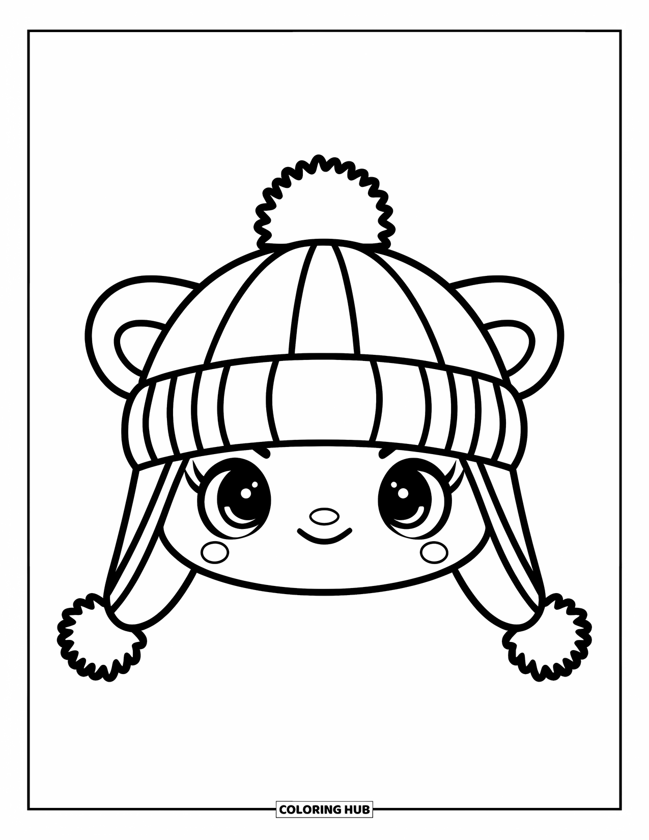 Clothes Coloring Page for Kids: Cute winter hat with pom-pom and floppy ears