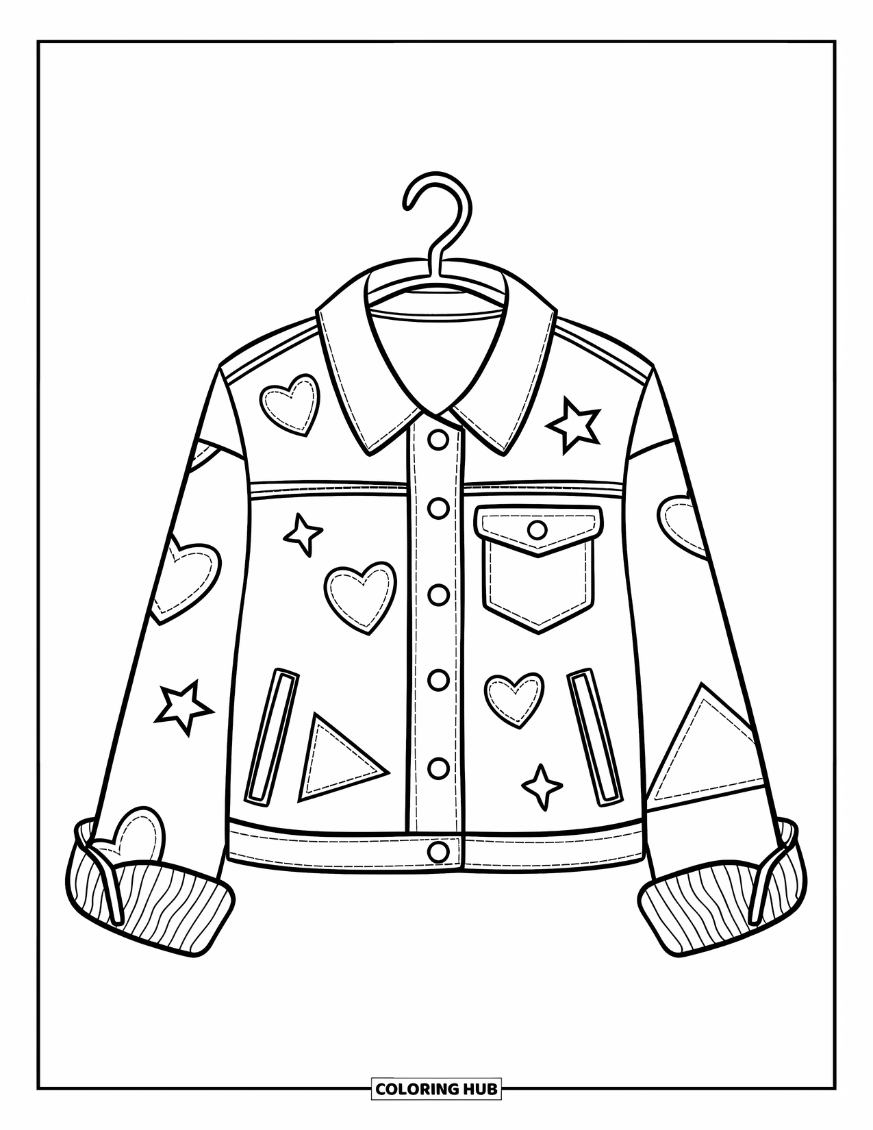 Clothes Coloring Page for Kids: Denim jacket with shapes and a pocket on a hanger