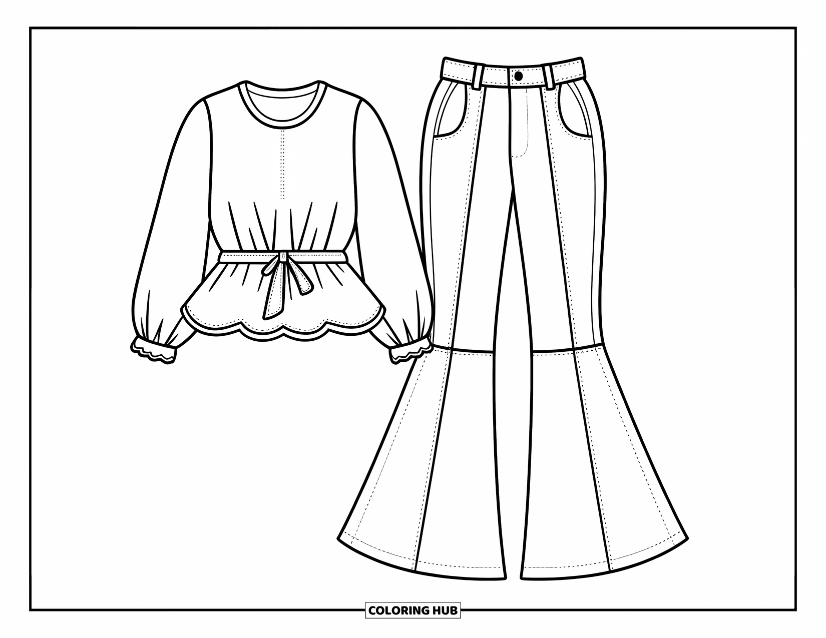 Clothes Coloring Page for Kids: Peplum blouse with scalloped hem and flared pants with stitched cuffs