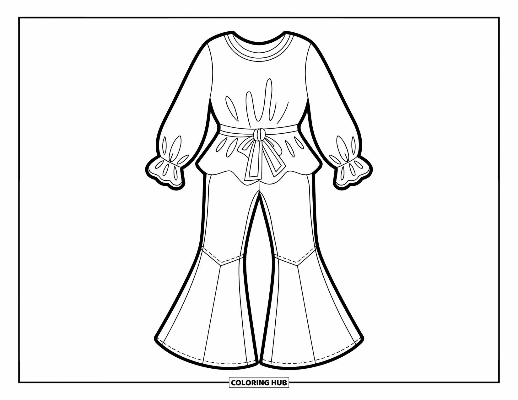 Clothes Coloring Page for Kids: Peplum top and high-waist flared pants with a modern, kawaii vibe