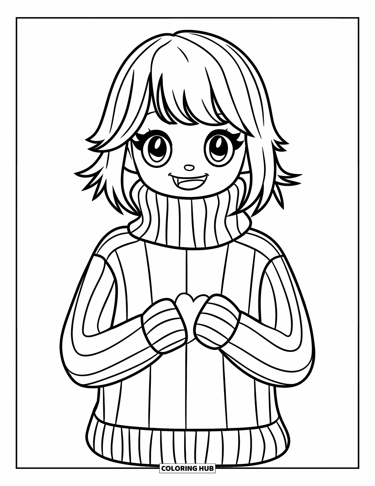 Clothes Coloring Page for Kids: Turtleneck sweater worn by smiling anime girl holding a heart
