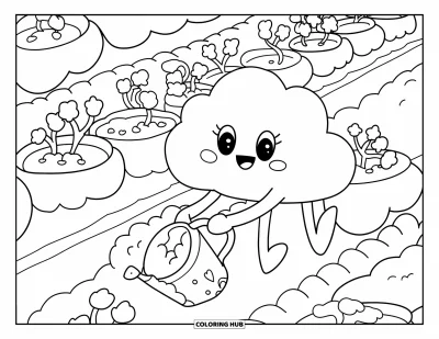 Desenho de nuvem para colorir para adultos: Uma nuvem animada planta sementes de estrela em vasinhos flutuantes usando um regador em forma de cometa