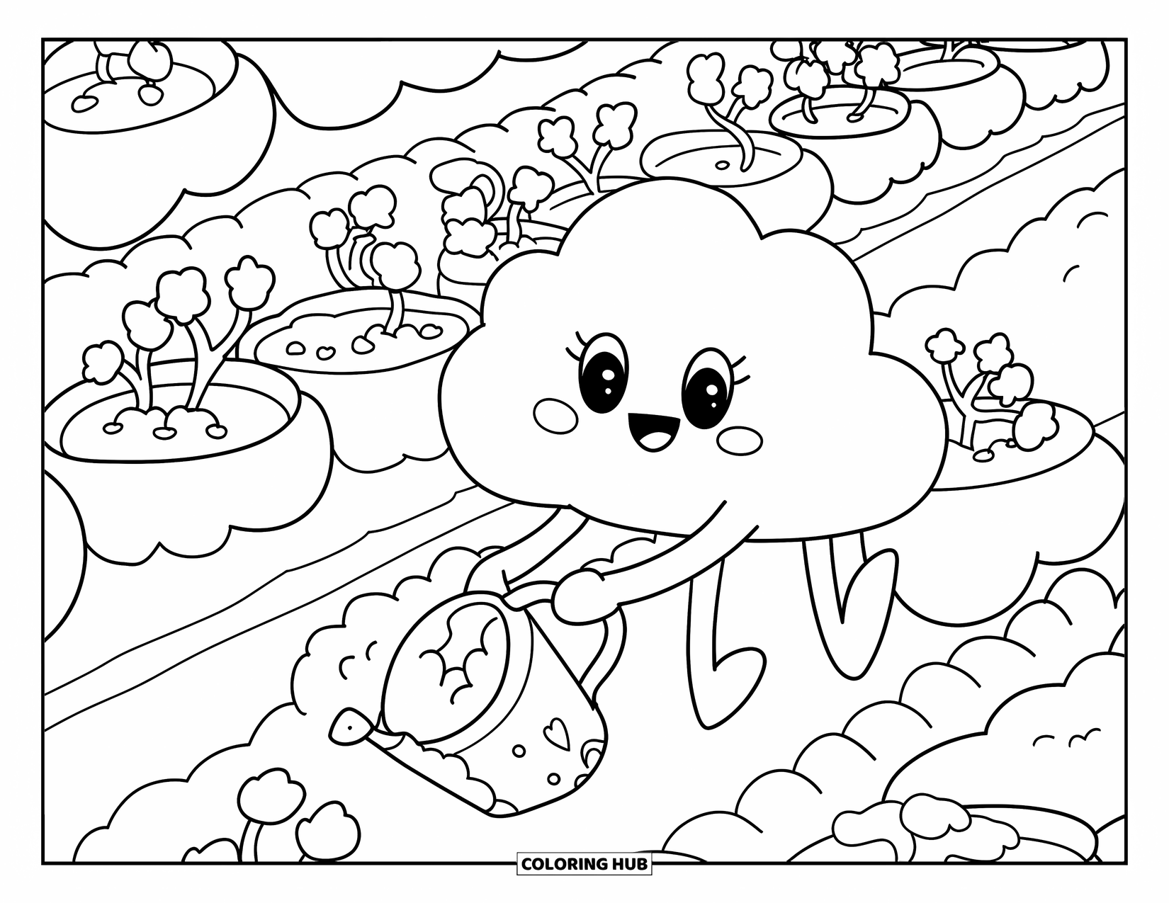Cloud Coloring Page for Adults: A cheerful cloud plants star seeds in floating sky pots using a comet-shaped watering can