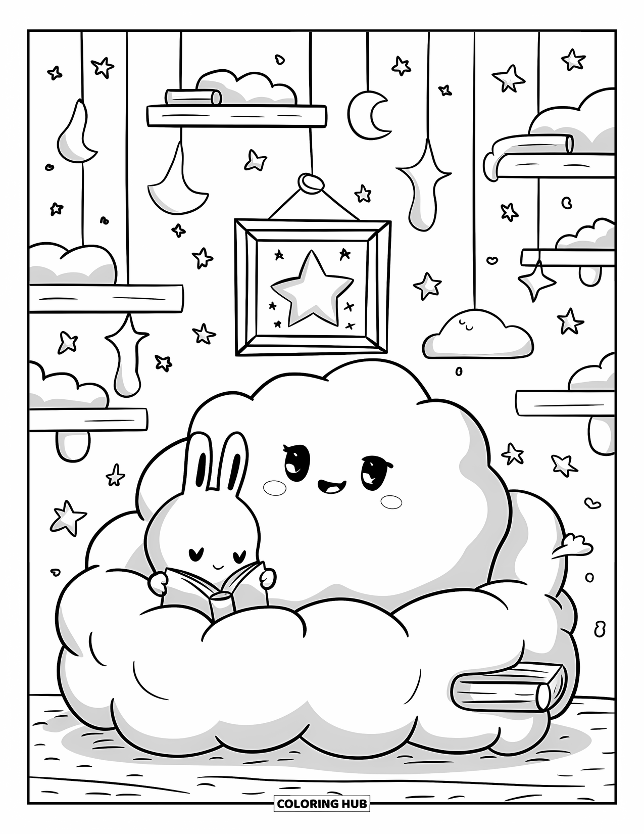 Cloud Coloring Page for Adults: A cloud and bunny relax in a soft cloud fort with shelves and glowing moons