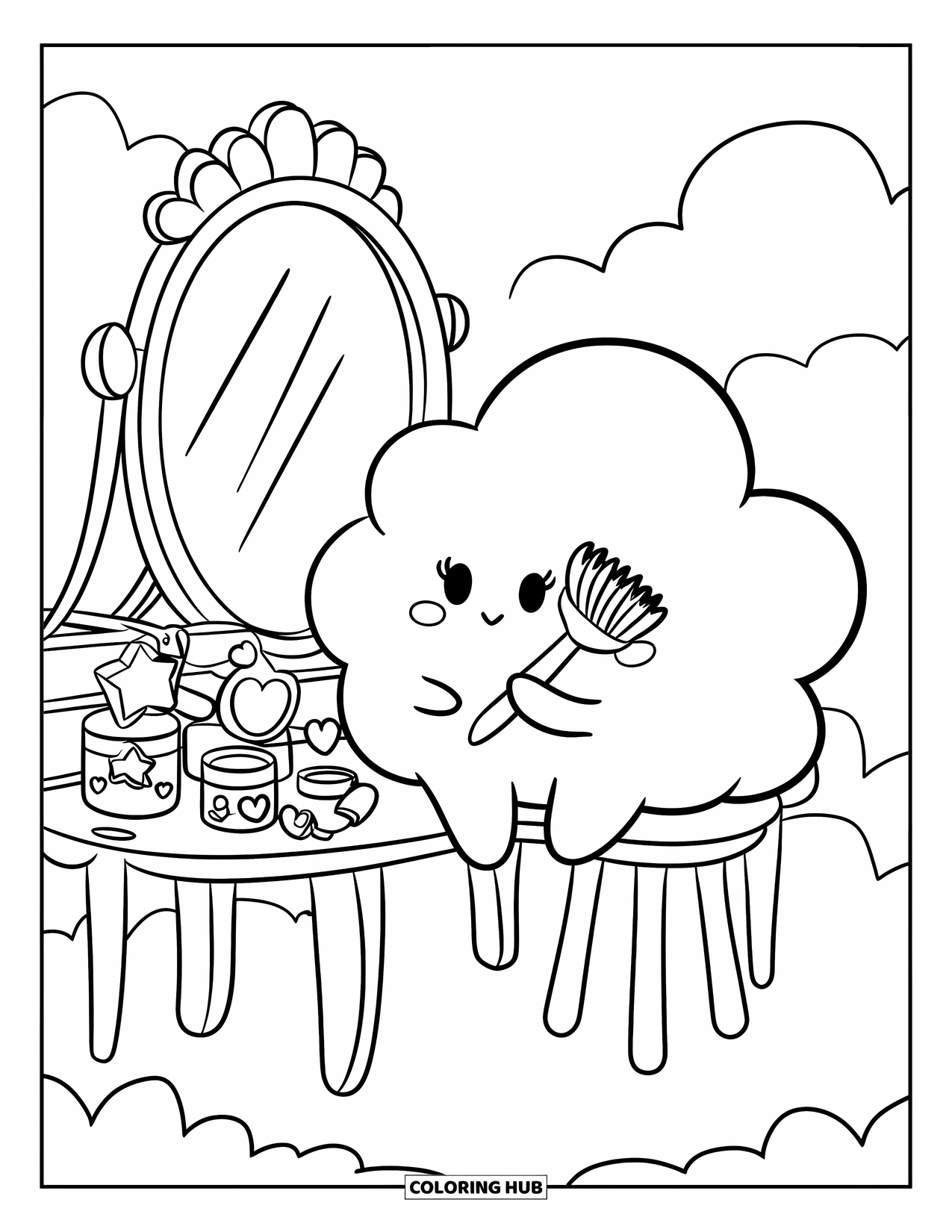 Cloud Coloring Page for Adults: A cloud brushes its puff at a tiny vanity with jars shaped like stars and hearts