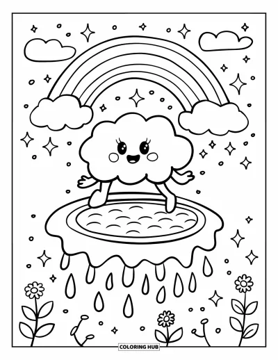 Desenho de nuvem para colorir para adultos: Uma nuvem pula alegremente em uma cama elástica de gota de gelatina com flores e um arco-íris acima