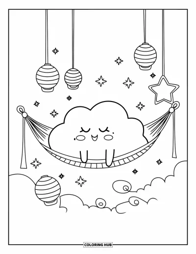 Desenho de nuvem para colorir para adultos: Uma nuvem cochila em uma rede entre estrelas flutuantes enquanto faíscas derivam ao redor