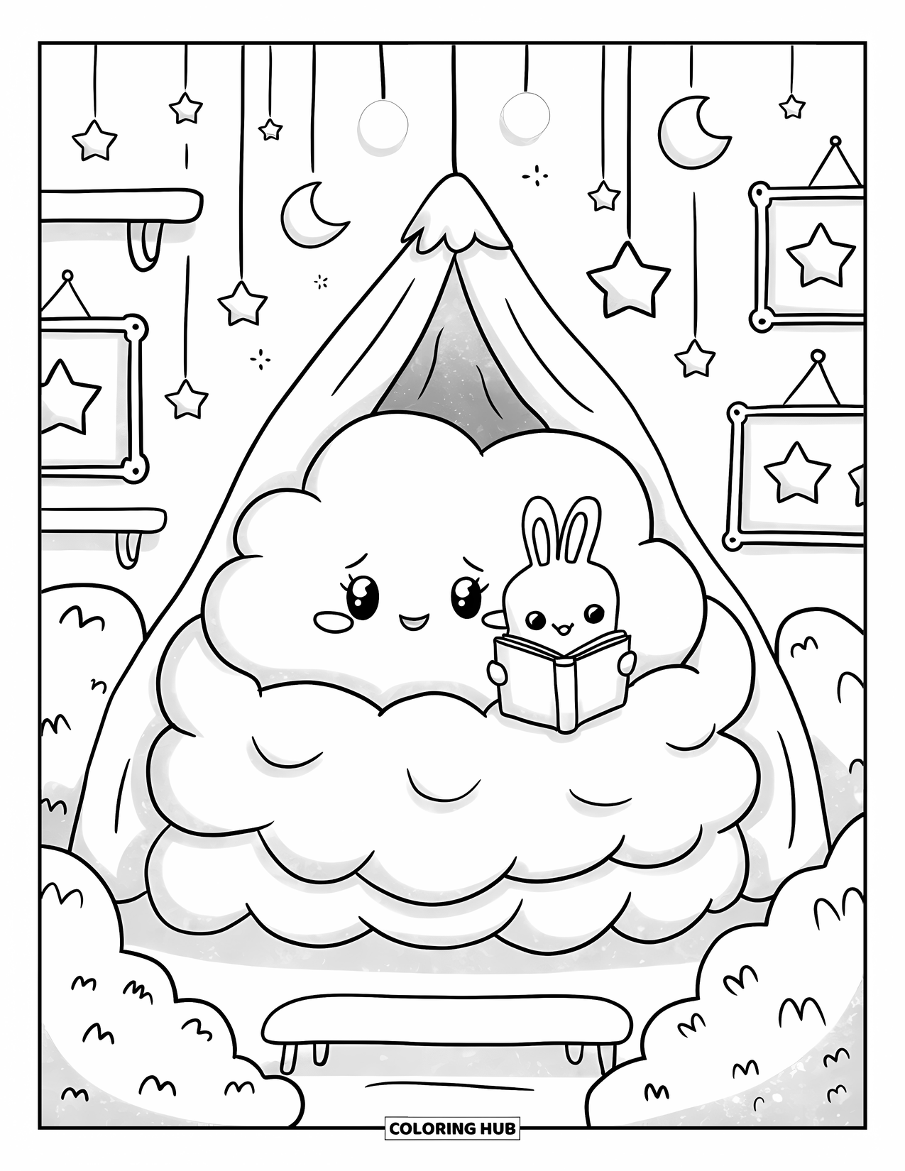 Cloud Coloring Page for Adults: A cloud snuggles inside a cozy blanket fort with a bunny reading beside it