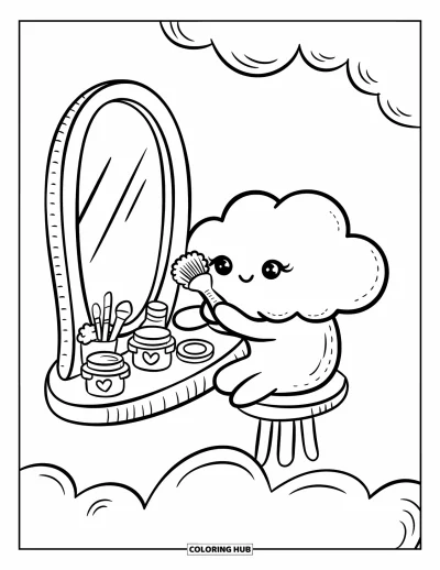 Desenho de nuvem para colorir para adultos: Uma nuvem cuida do visual em uma penteadeira com potes de coração e um pincel em forma de flor