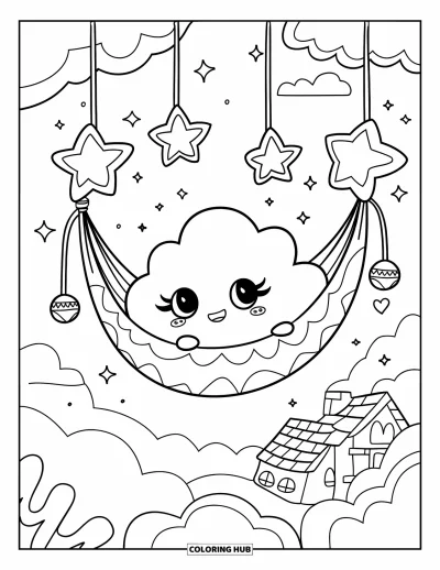 Desenho de nuvem para colorir para adultos: Uma nuvem com olhos grandes balança em uma rede entre lanternas, faíscas e pequenos detalhes de coração