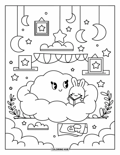 Desenho de nuvem para colorir para adultos: Uma tocinha de nuvem acolhedora abriga um coelhinho lendo e uma nuvem sob luas brilhantes e prateleiras