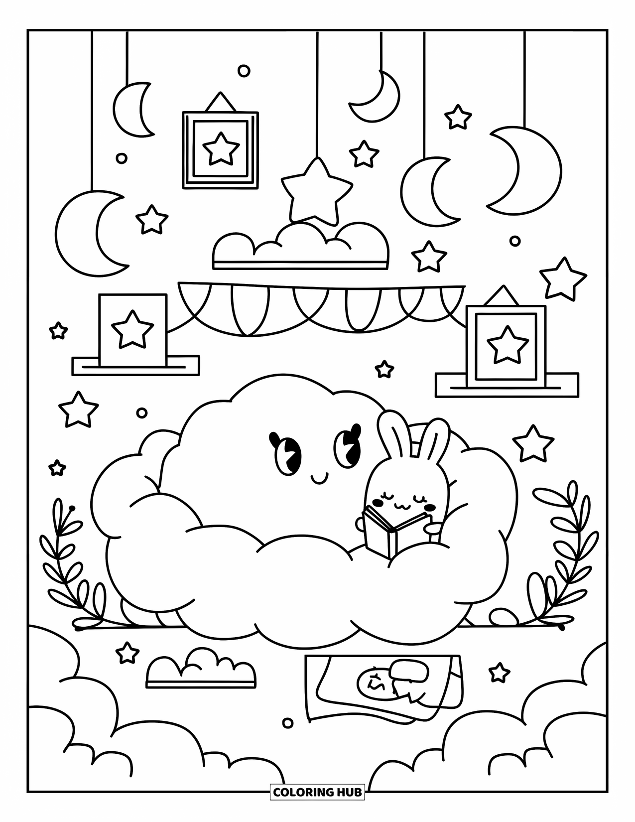 Cloud Coloring Page for Adults: A cozy cloud fort shelters a reading bunny and a cloud under glowing moons and shelves