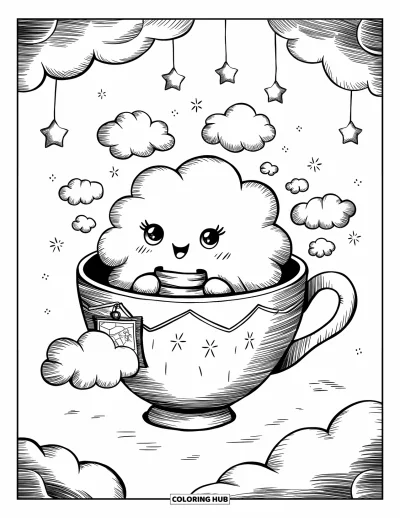 Desenho de nuvem para colorir para adultos: Uma nuvem confortável de cachecol flutua em um aeróstato de xícara de chá com estrelas e vapor redemoinhante