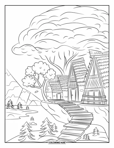 Desenho de nuvem para colorir para adultos: Uma cúpula de nuvens abriga uma aldeia flutuante com telhados de palha e passarelas de madeira