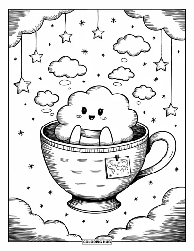 Desenho de nuvem para colorir para adultos: Uma nuvem fofa de cachecol flutua em um aeróstato de xícara de chá rodeada de nuvens de vapor redemoinhante