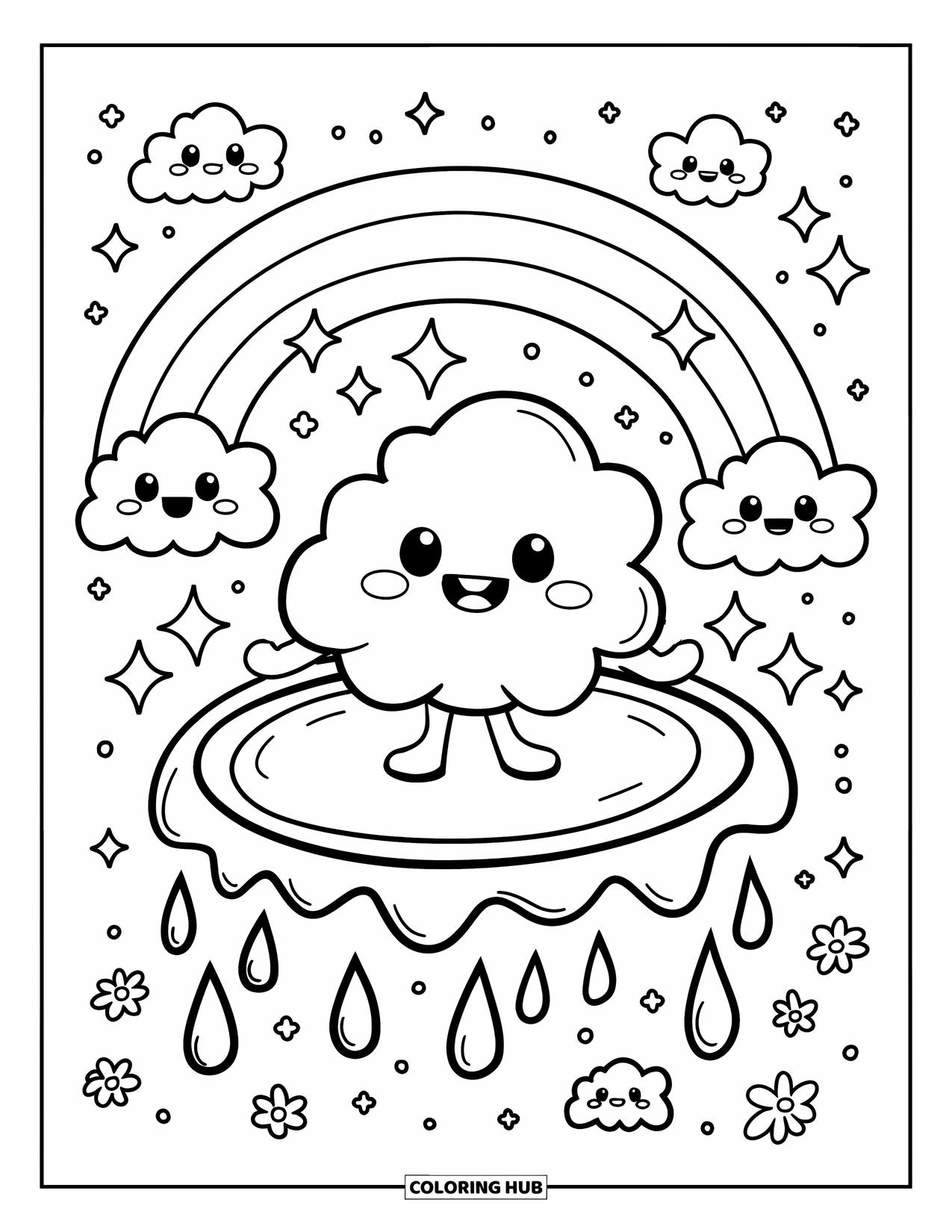 Cloud Coloring Page for Adults: A happy cloud bounces high on a jelly raindrop trampoline as tiny clouds cheer