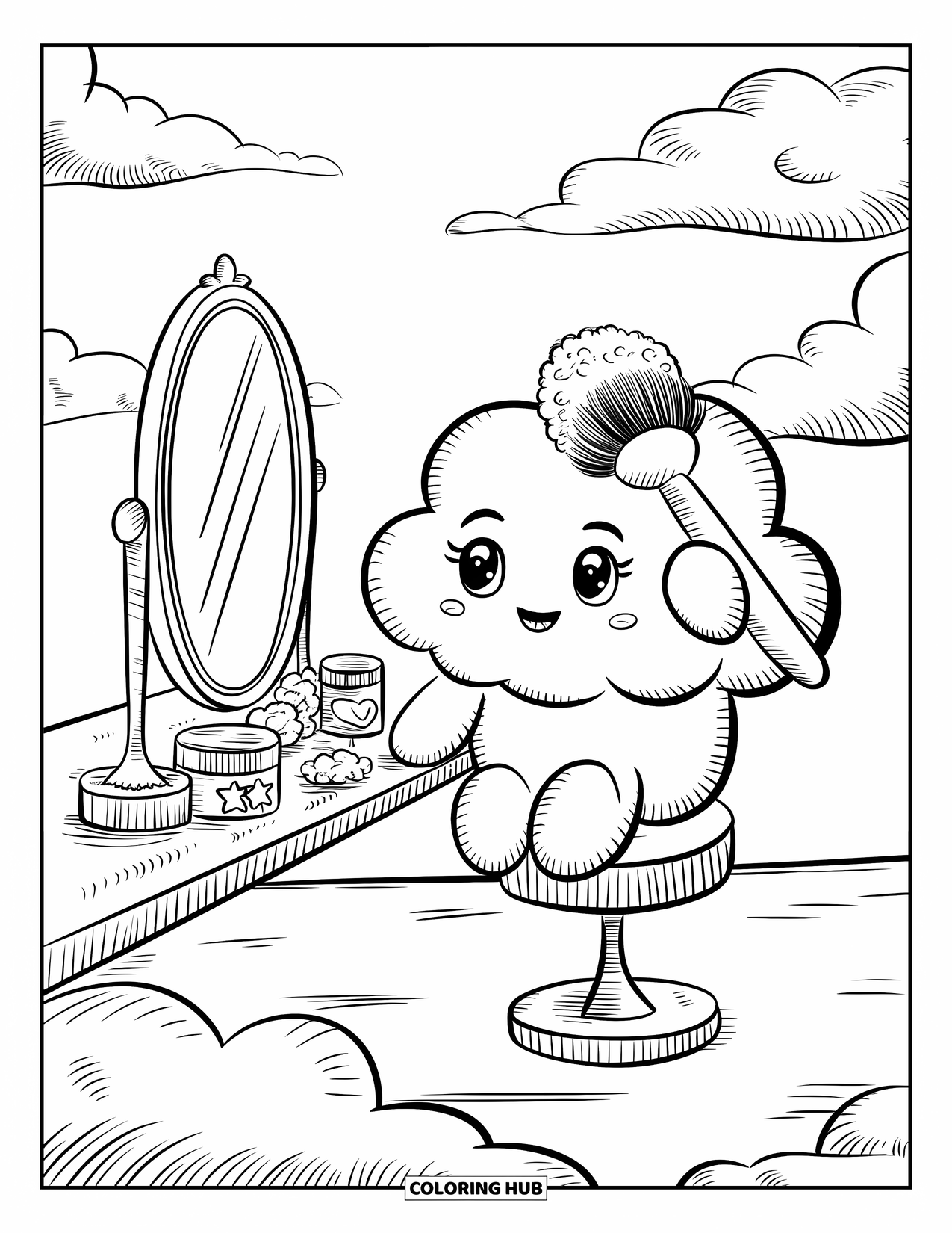 Cloud Coloring Page for Adults: A happy cloud combs its puff near a mirror with tiny star and heart-shaped makeup jars