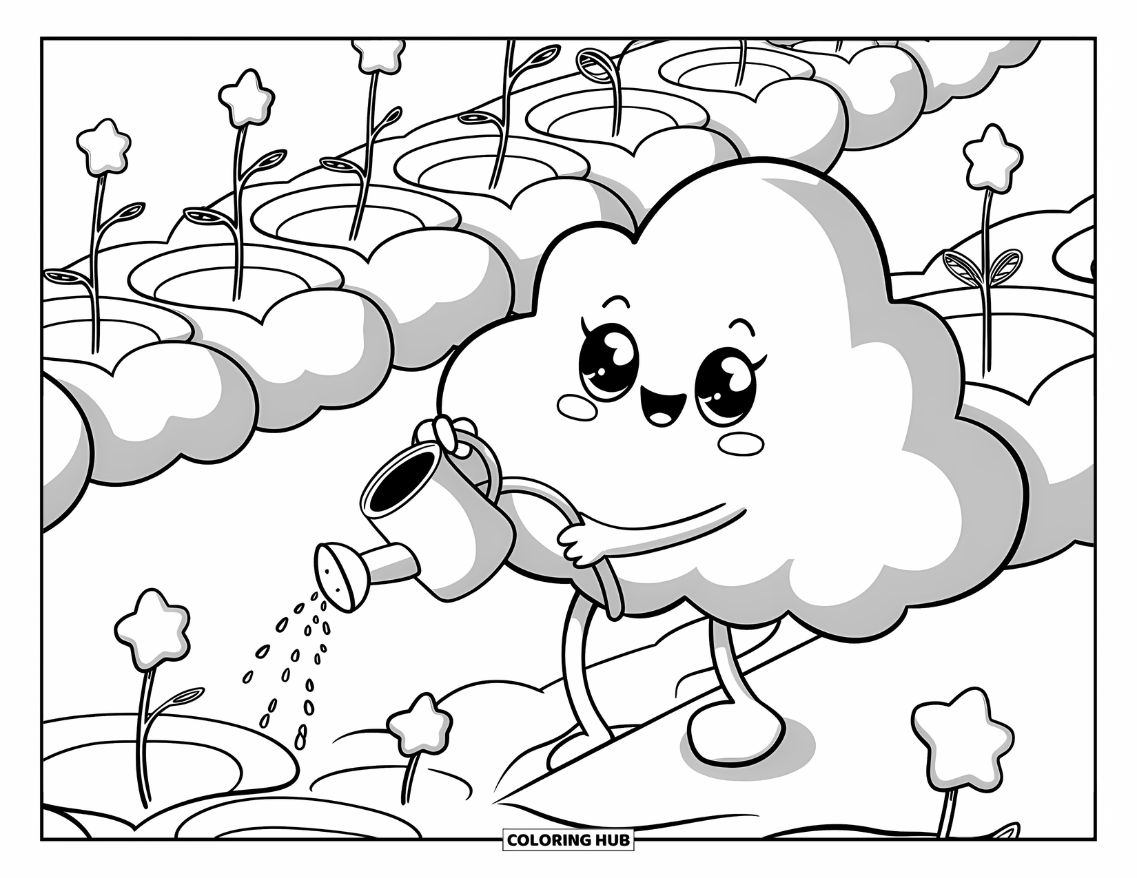 Cloud Coloring Page for Adults: A happy cloud waters glowing sprouts in cloud pots with a comet-style watering can