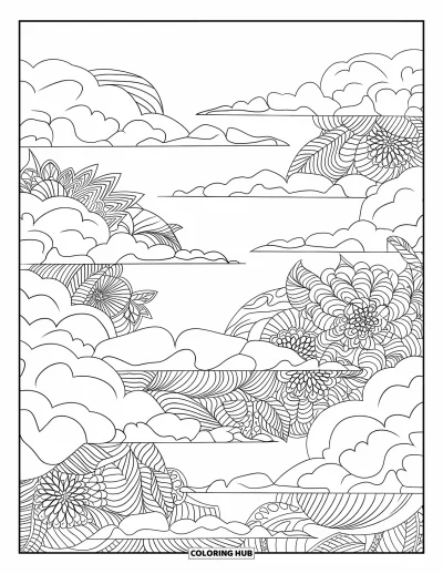 Desenho de nuvem para colorir para adultos: Um céu tranquilo cheio de nuvens entrelaçadas com padrões de folhas e flores