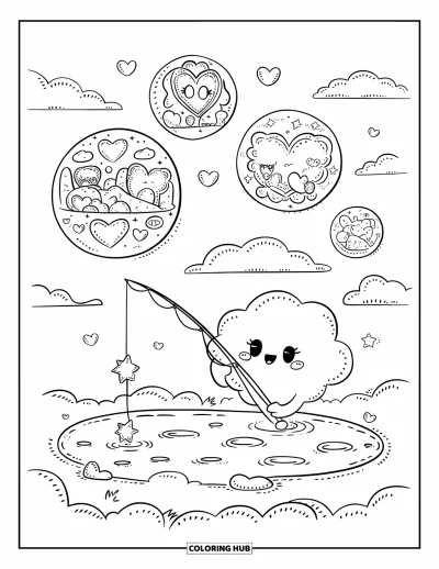 Desenho de nuvem para colorir para adultos: Uma nuvem brincalhona pesca sonhos em um lago de neblina no céu com uma linha cheia de estrelas